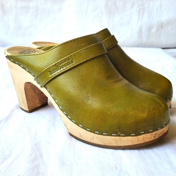 Swedish Hasbeens Women's High Heel Wood Leather Clogs Green Size EU 36/ US 6 - Picture 1 of 15